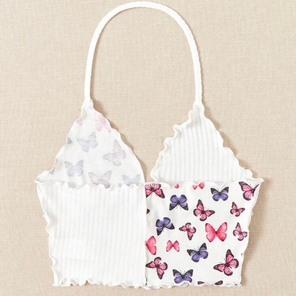 Butterfly Print Lettuce Trim Halter Top *NEW* - Picture 2 of 6